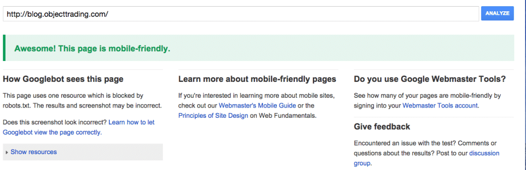Results from Google mobile-friendly checker