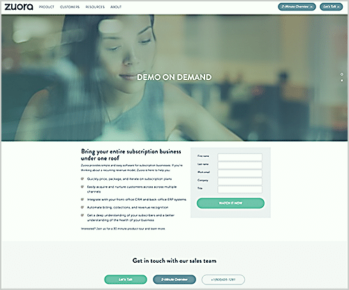 Zuora placed a recorded product demonstration behind a registration form.